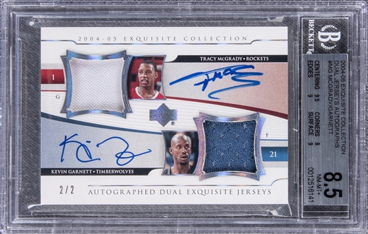 2004-05 UD "Exquisite Collection" Dual Jerseys Autographs #MG Tracy McGrady/Kevin Garnett Signed Game Used Patch Card (#2/2) – BGS NM-MT+ 8.5/BGS 9